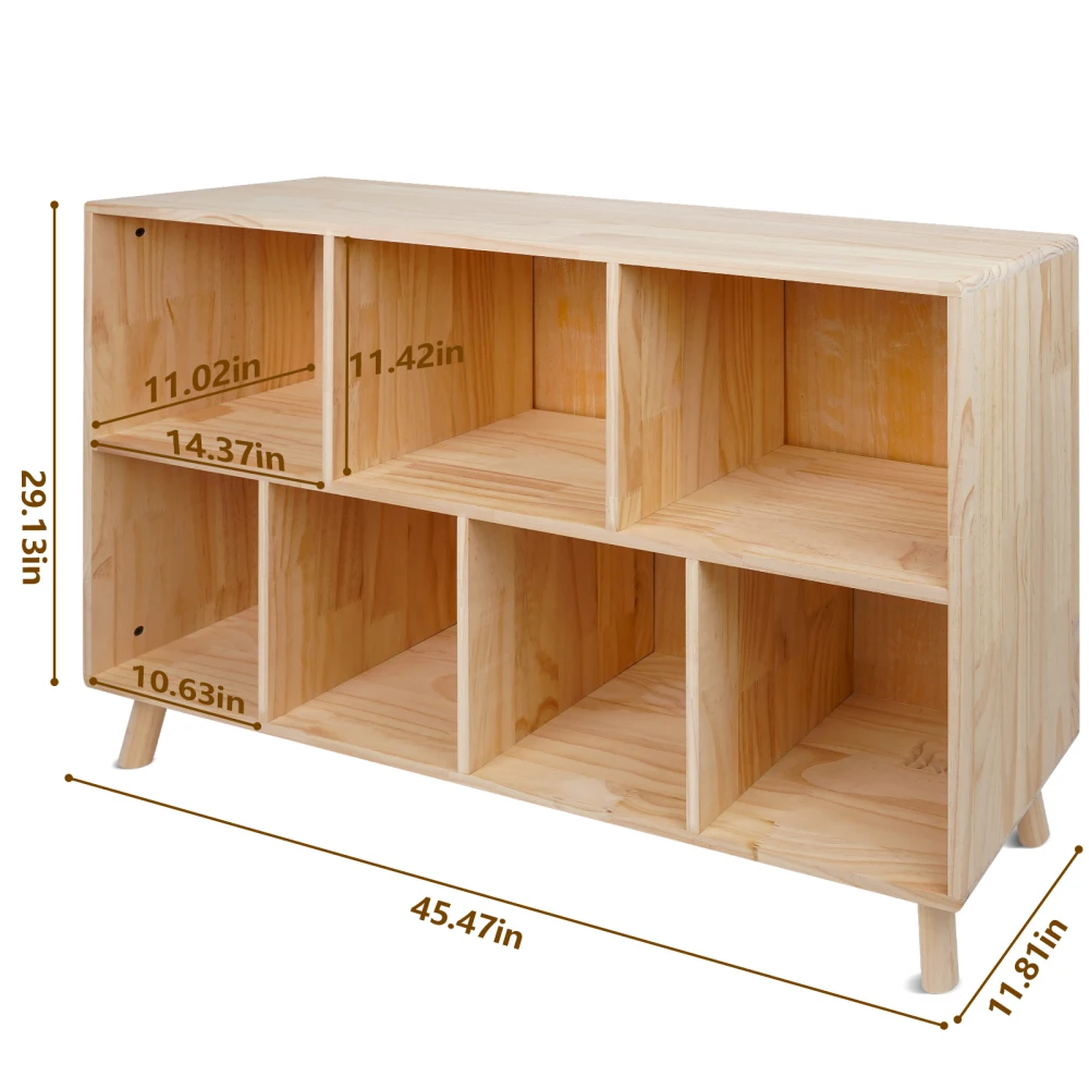 Solid Pine Wood 7-Compartment Storage Cabinet, 45.5'L X 29.1'H Fixed Shelves Organizer for Books/Toys/Home Décor, Modern Wooden Shelf, Multi-Compartment Cabinet for Home/Office