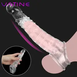 Anillo de cristal elástico para el pene con manga extensora de escroto, condones reutilizables para hombres, retraso de la eyaculación, Bondage para testículos