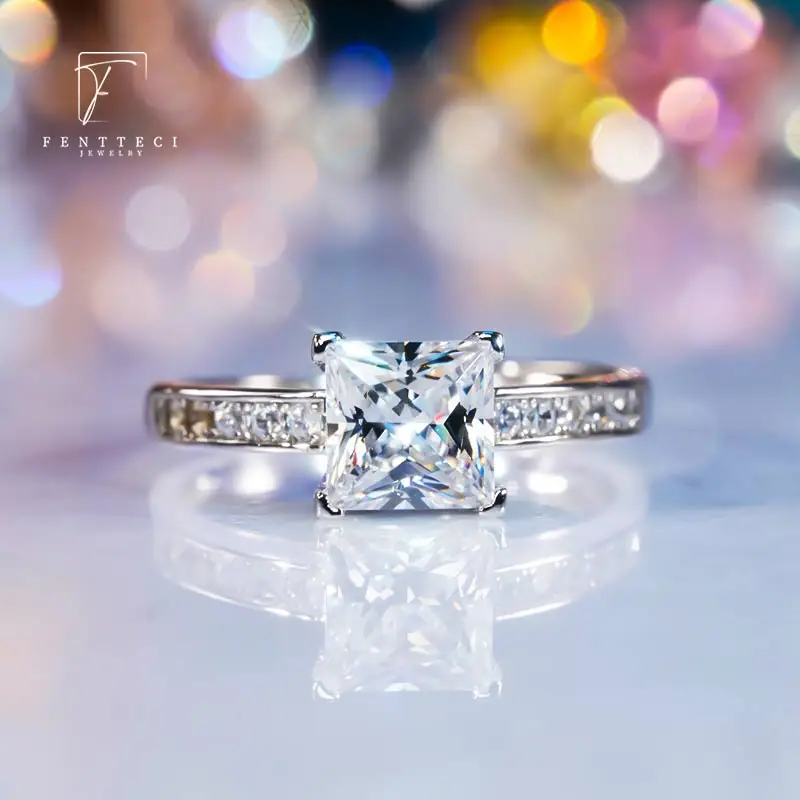 FENTTECI S925 Sterling Silver Gold Plated Moissanite Ring Princess Square Cut Proposal Engagement Wedding Ring for Women Jewelry