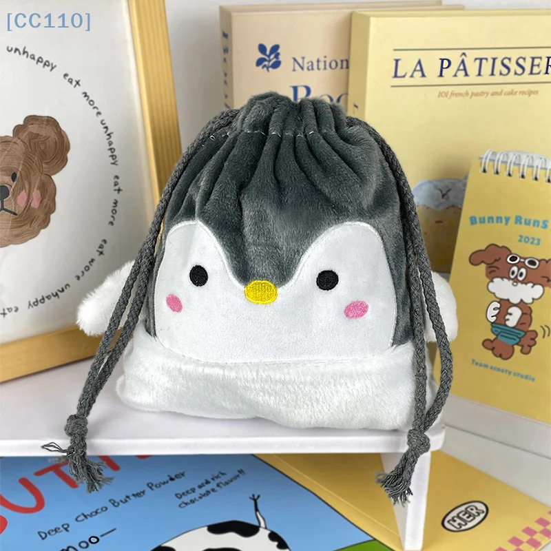 Cartoon Penguin Plush Drawstring Bundle Pocket Plush Portable Large Capacity Handbag Cosmetic Cell Phone Sundry Organizer