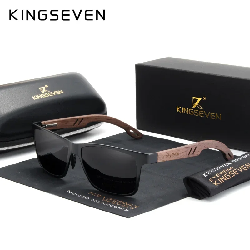 KINGSEVEN Lunettes de soleil carrées polarisées pour hommes en bois de noyer faites à la main, prote