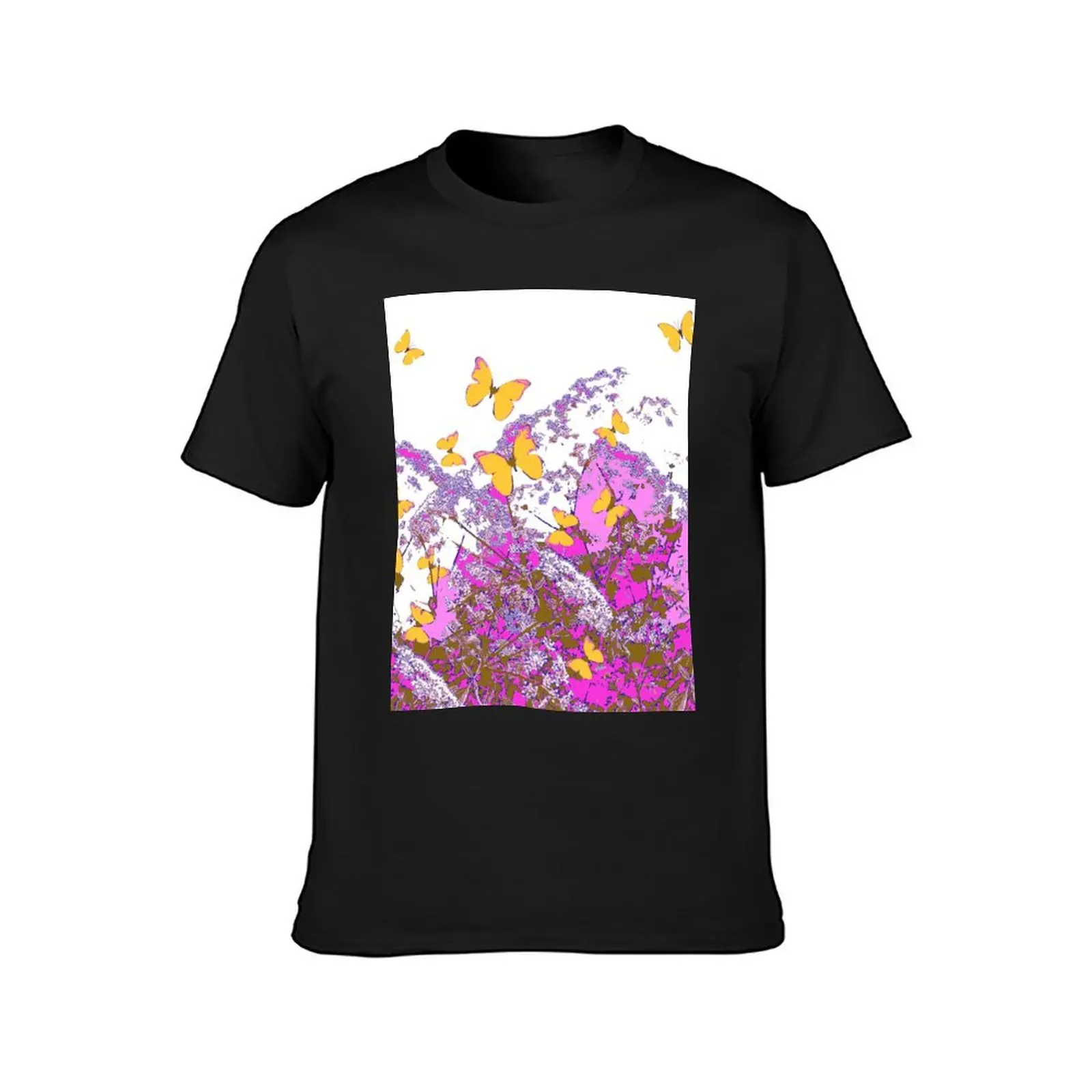 YELLOW BUTTERFLIES FUCHSIA-PINK ABSTRACT GARDEN T-shirt hippie clothes tops heavyweight t shirts for men