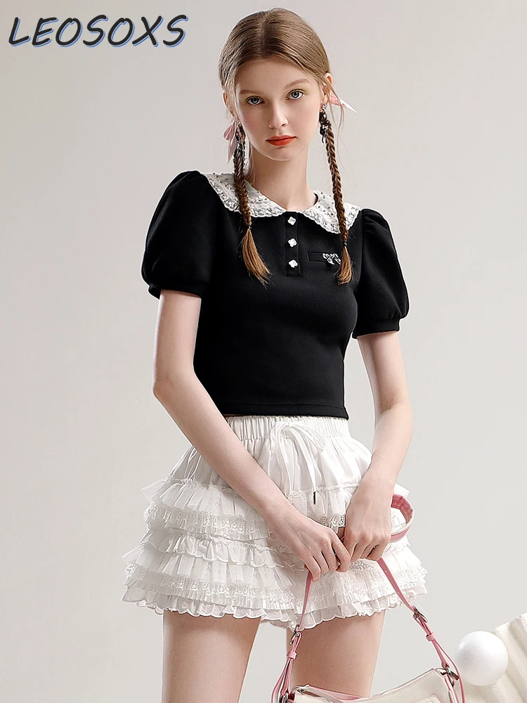 Designer Model Girl Short T-shirt Summer 2024 New Slim-Fit Contrast Colors Doll Collar Embroidered Bow Black Top Female Tshirt