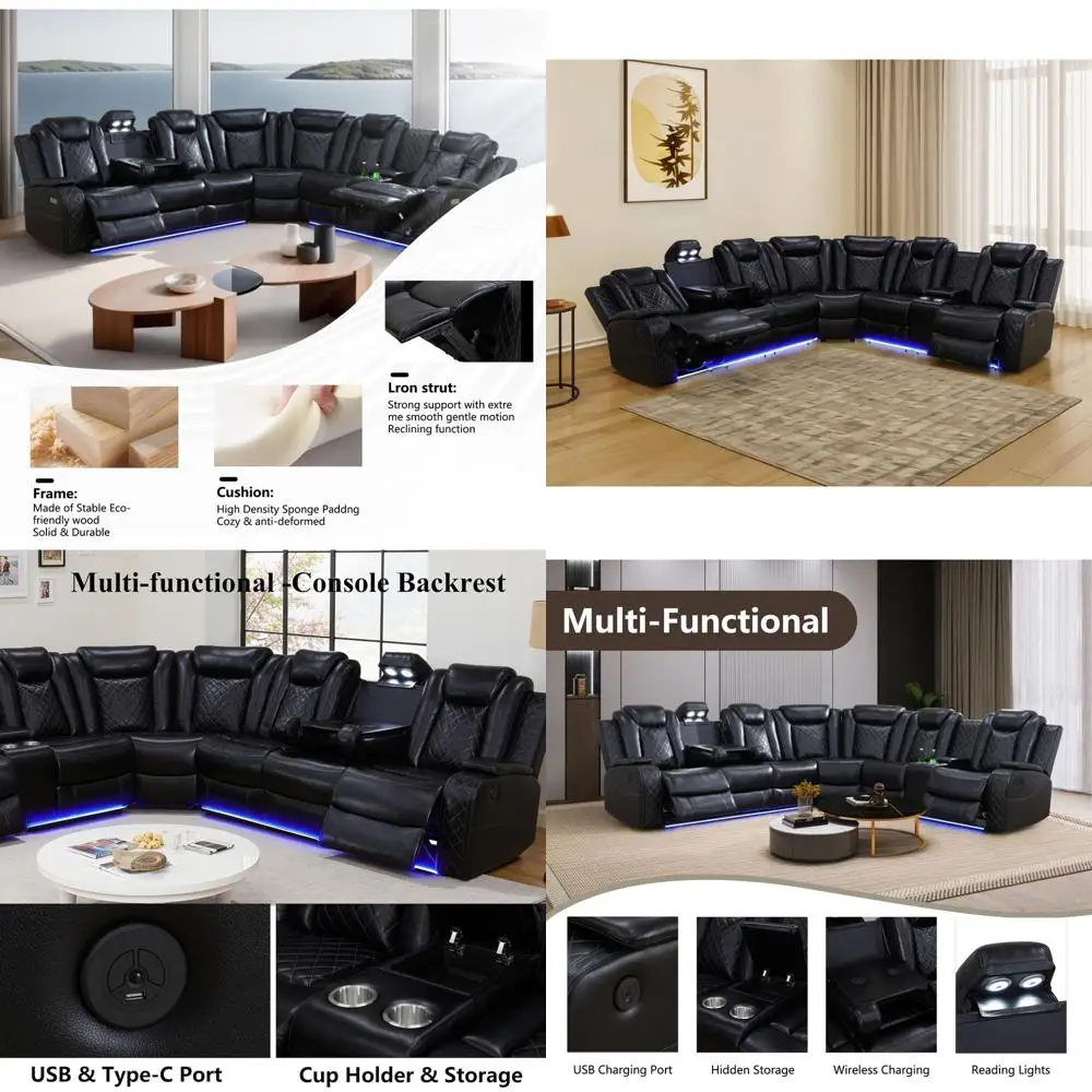 

LED Lighted Power Reclining Sectional Sofa Set with USB & Cup Holder for Living Room or Home Theater in Black