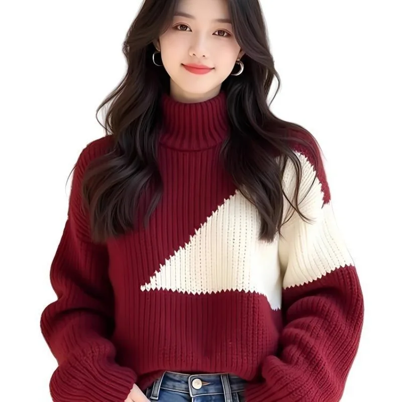 Contrasting Colors Irregular Thick Thread Turtleneck Sweater  Foreign Versatile Warm Long-sleeved Knitted Sweater Top Large Size