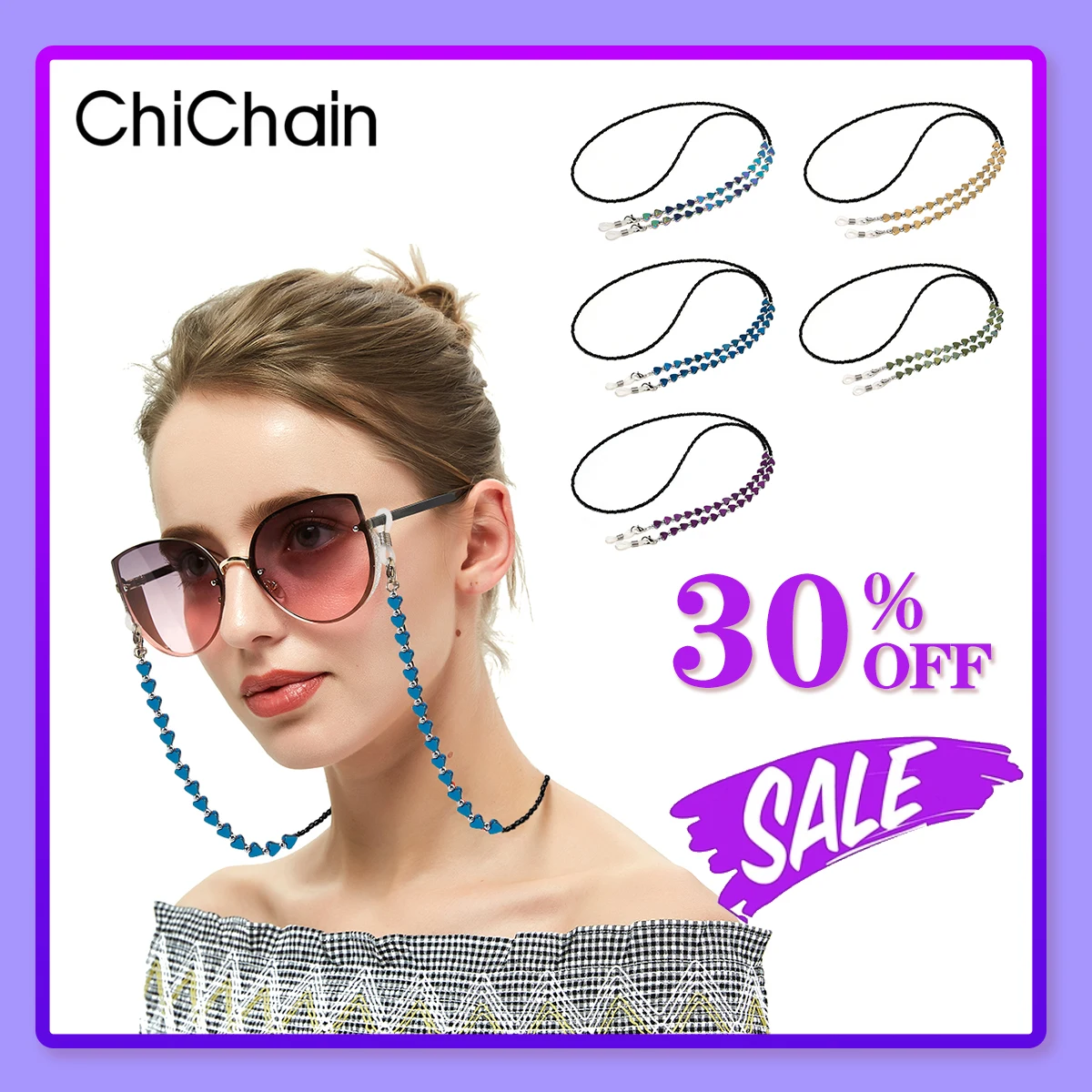 Eyeglass Chains Available in Five Colors and Patterns Fashionable Eyeglass Cords with Heart-Shaped Beads