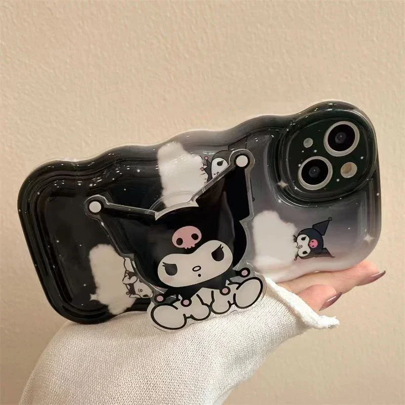 Kawaii Sanrio Kuromi Phone Case with Stand Cartoon Girl Heart Wave Border Protective Soft Cover for IPhone 11 12 13 14 Promax