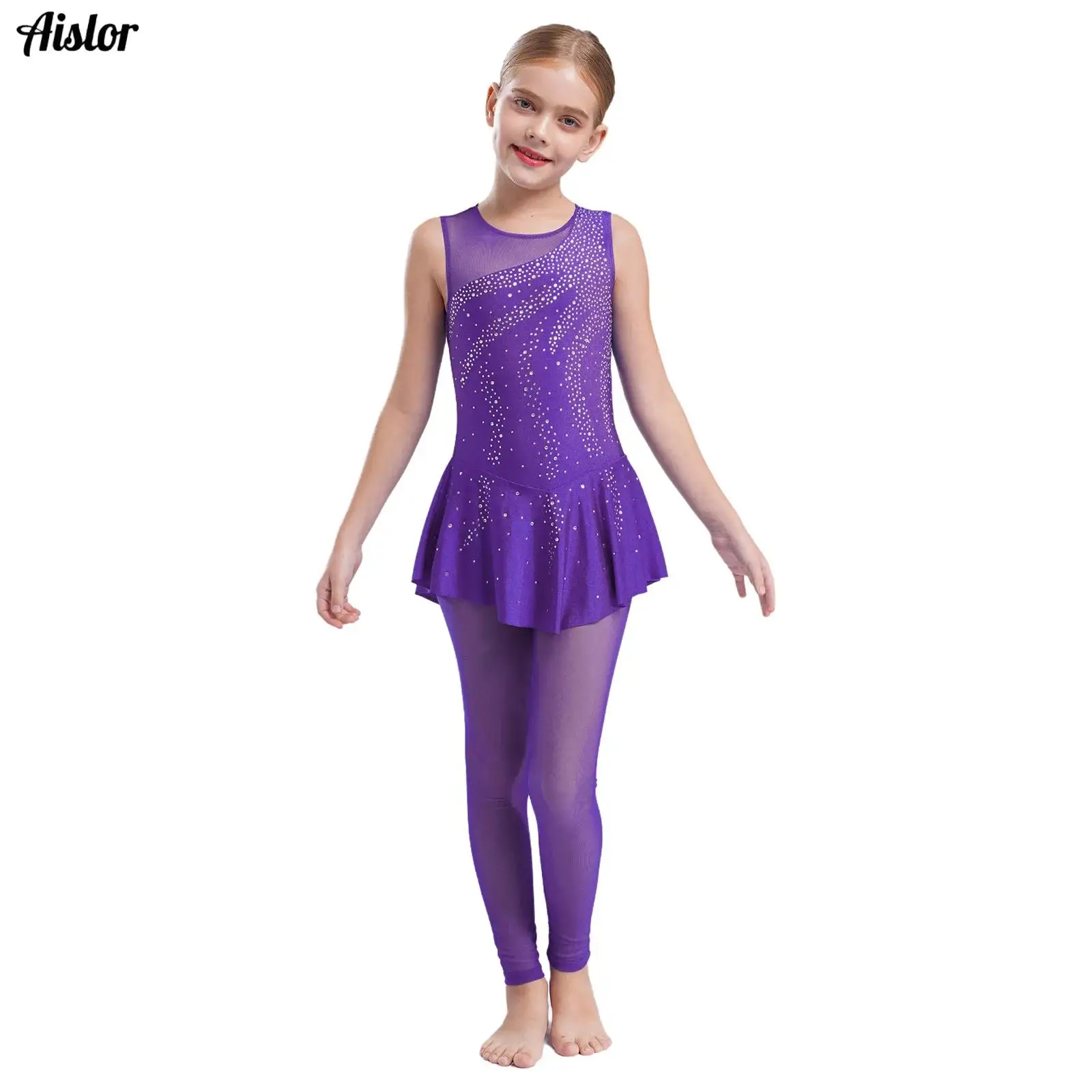 

Kids Girls Gymnastics Jumpsuit Shiny Rhinestones Sleeveless Sheer Mesh Splice Skirted Bodysuit Ice Skating Ballet Dance Leotard