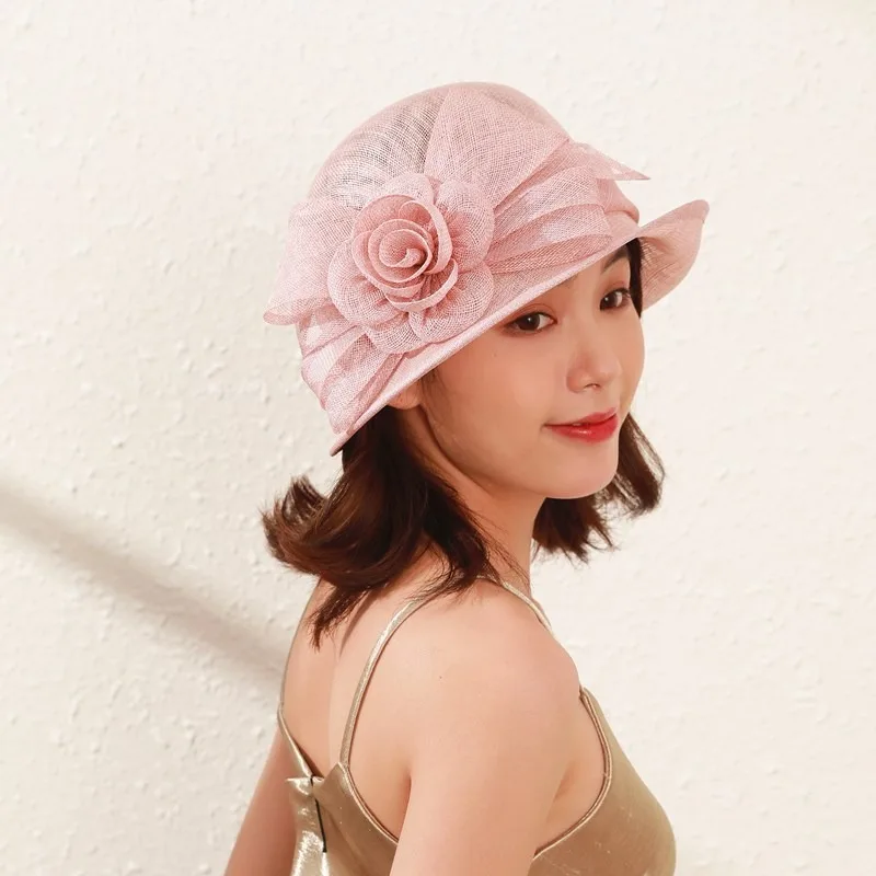 Topi wanita Linen fascinator Linen elegan Court topi atas Linen mawar musim panas topi peneduh besar topi pesta wanita