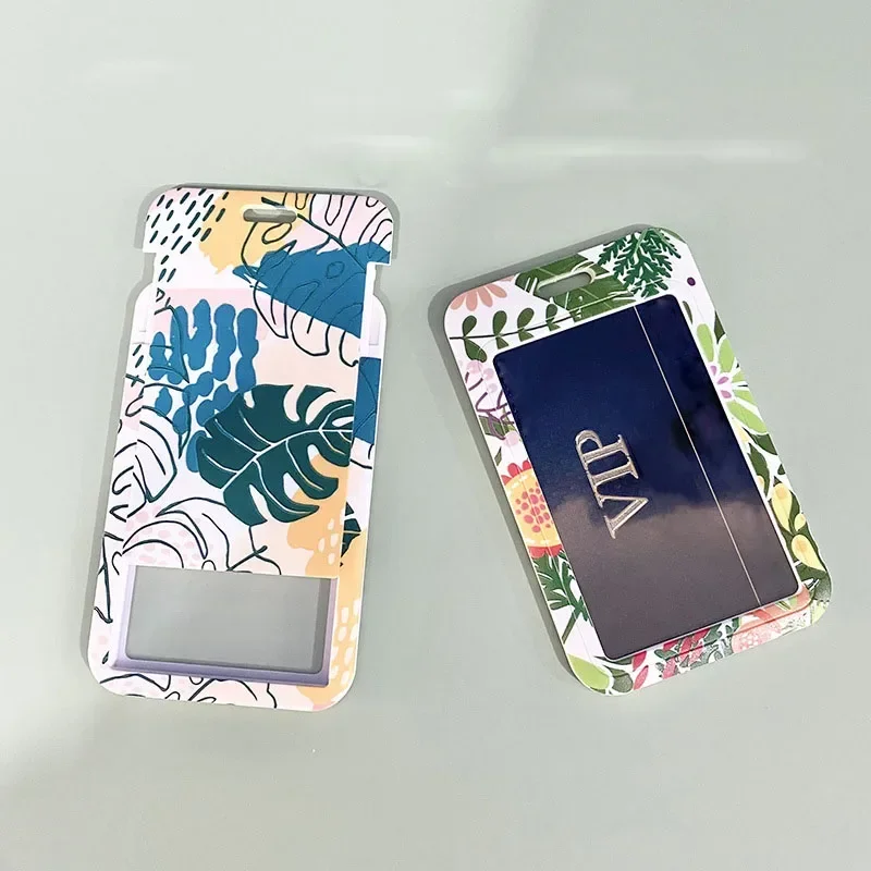 Green Plant Pattern Business ID Name Card Badge Holder Case Bags Credit Card Covers with Lanyard String Student Bus Card Sleeve