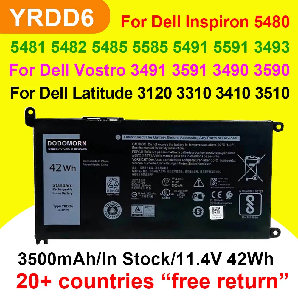 YRDD6 For Dell Inspiron 5480 5485 5585 5490 5590 5491 5591 3493 3593 Vostro 3490 3590 3491 3591 Latitude 3310 Laptop Battery