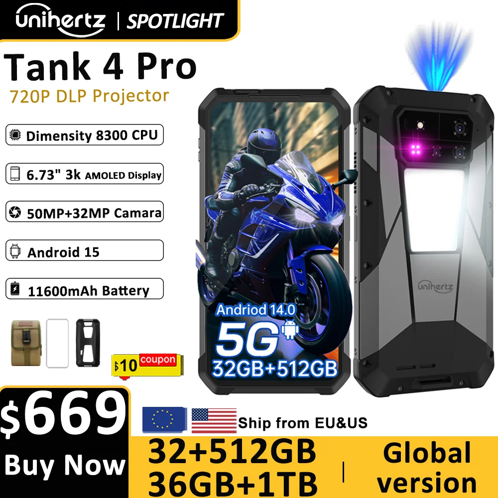 Unihertz by 8849 Tank 4 pro 5G Phone Built-in 720P Projector Dimensity 8300 16GB/18GB 3k AMOLED 11600mAh IP68/IP69
