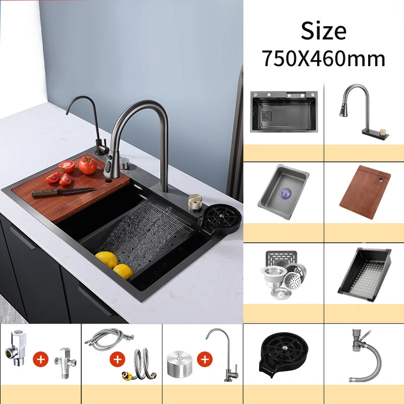 Lavello da cucina in acciaio inossidabile 304 Rubinetto a cascata nano Montaggio superiore Grande lavabo singolo Ciotola Accessori di scarico Drenaggio sinistro