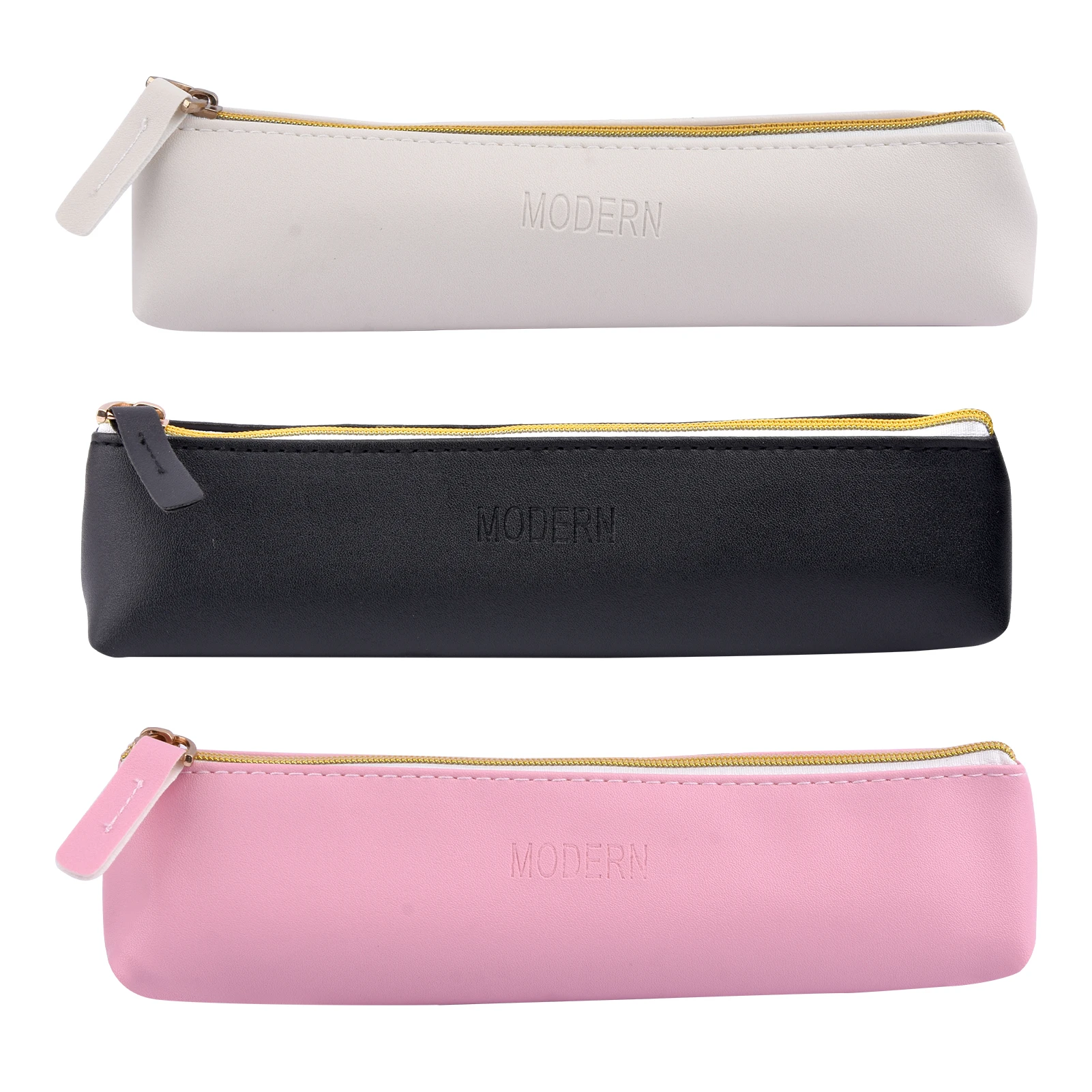 3ชิ้นกระเป๋านักเรียนโรงเรียนใส่ดินสอหนัง PU แบบพกพาความจุมากเครื่องเขียนกระเป๋าดินสอบางมีซิปอเนกประสงค์