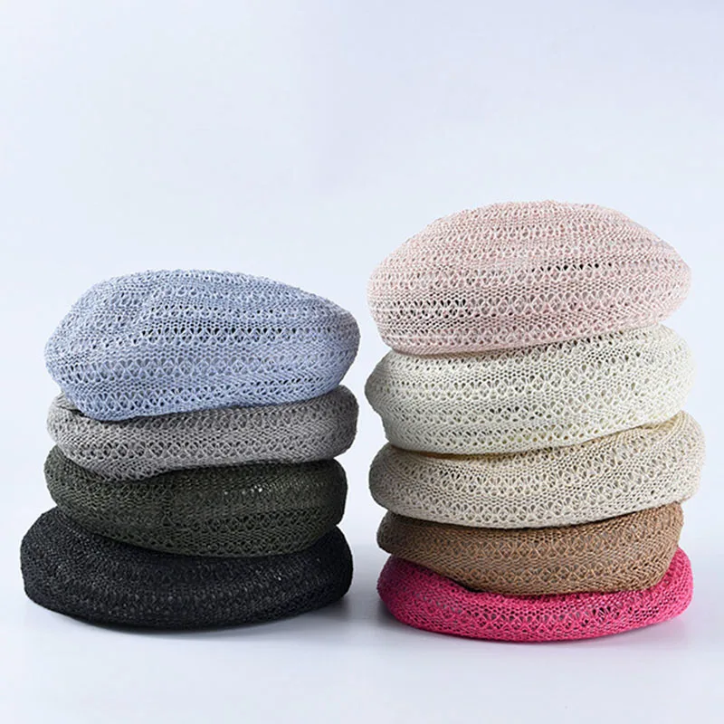 Stiff linen blended breathable knitted berets caps for women Hollow woven lady painter cap temperament mushroom cap summer hats