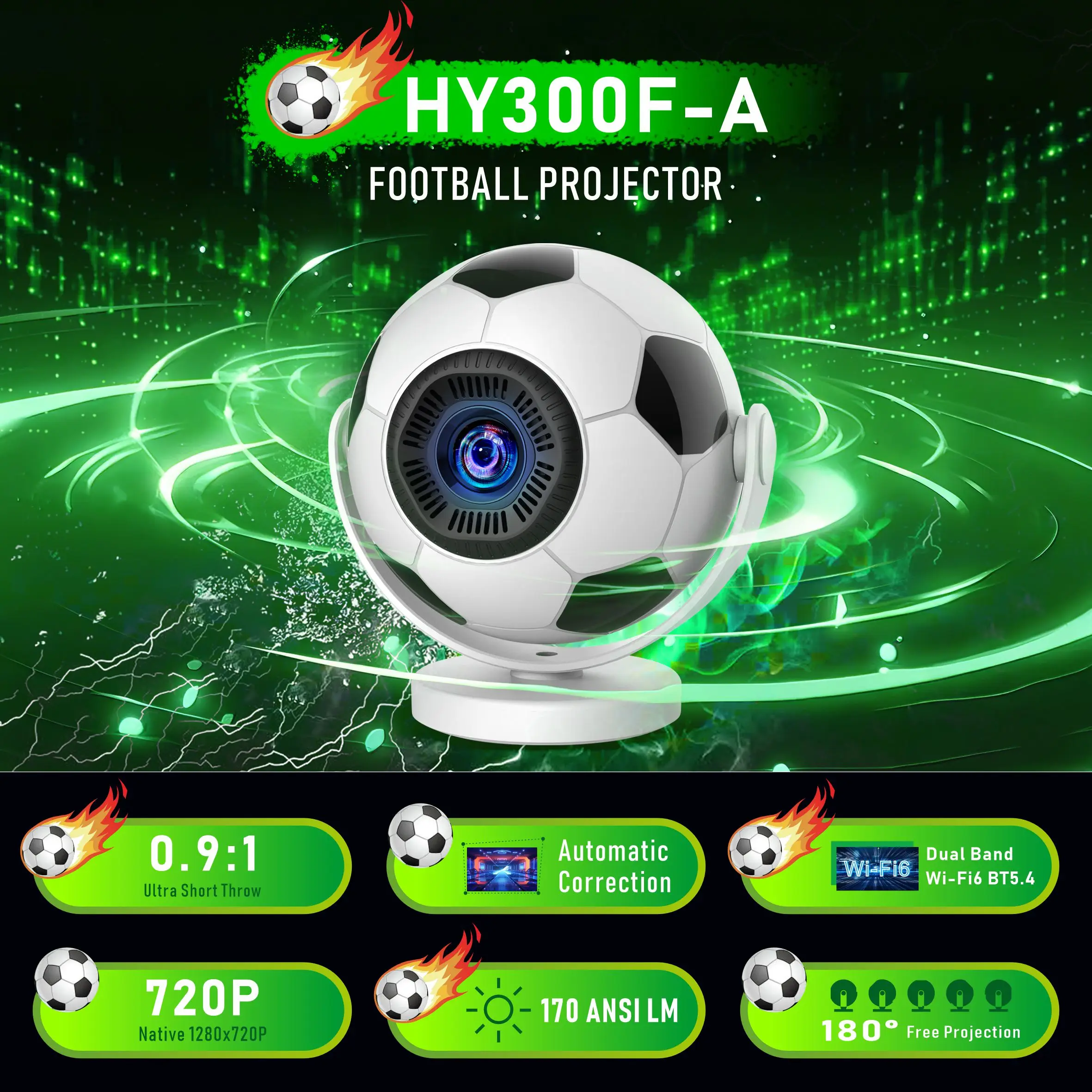 

HY300F-A Football Projector Native 720P 170ANSI LM Allwinner H726 Android 14 HD Projector Dual Band Wifi6 BT5.4 Home Theater