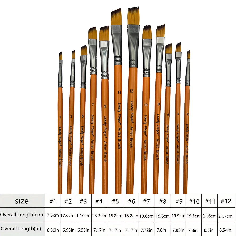 Angular Paint Brushes, 12Pcs Oblique Tip Nylon Hair Artist Angled Paint Brush Set for Acrylic, Watercolor, Gouache, Oil Painting