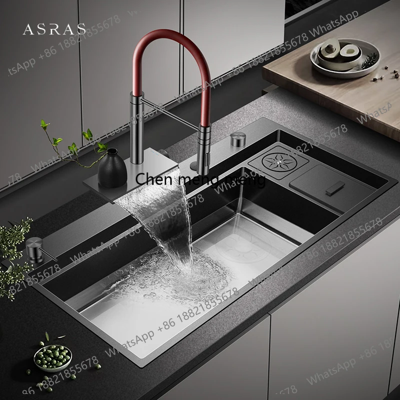 New Large Size Nanometer Waterfall Faucet Kitchen Sinks 4mm Panel Handmade Kitchen Sinks Cup Rinser Sinks