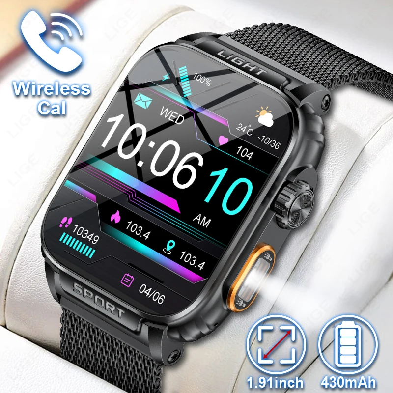 

LIGE Smart Watch With LED Flashlight Blood Pressure Health Monitor BT Call 430mAh Battery Sport Fitness Outdoor Men's Smartwatch
