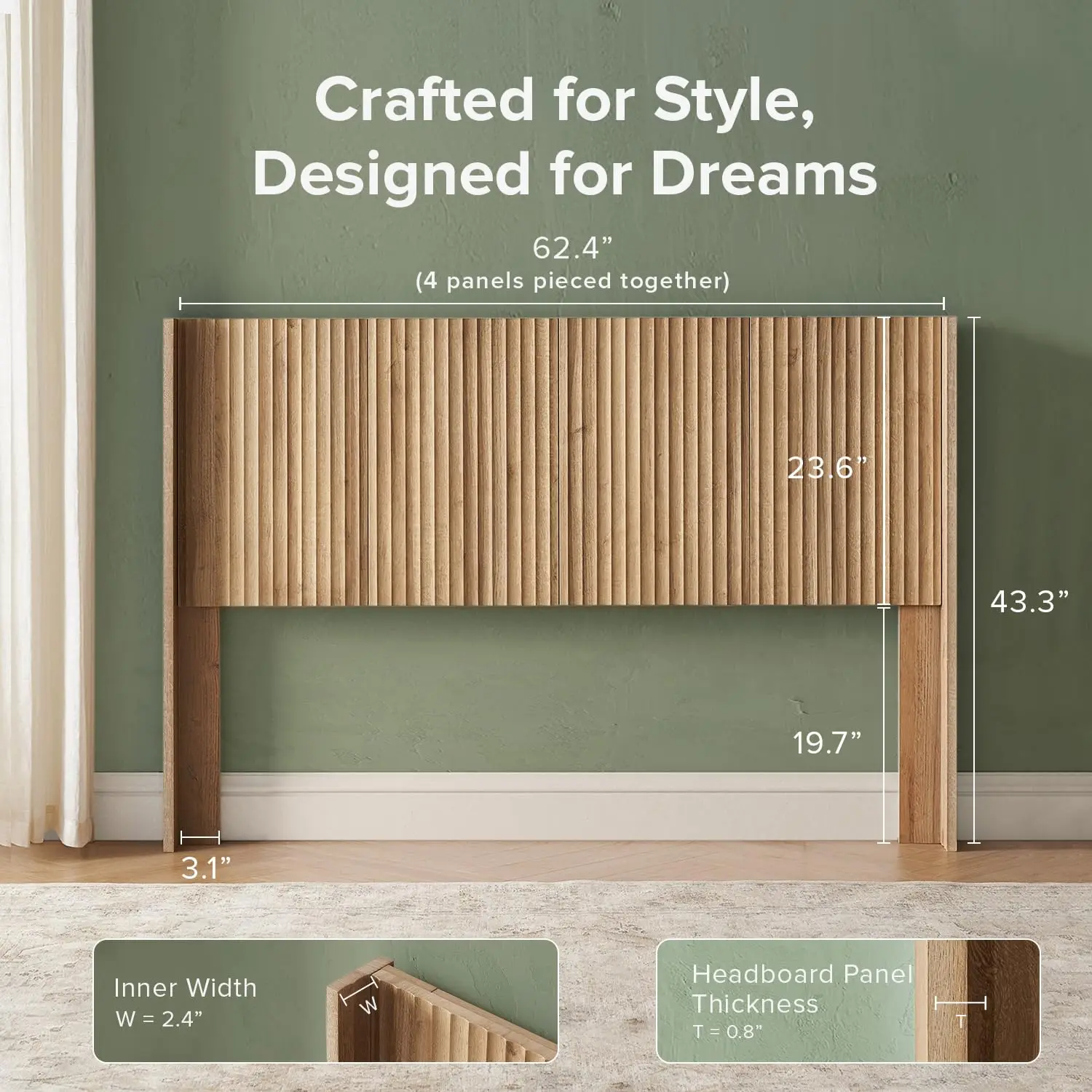Fluted Wingback Headboard 62.4