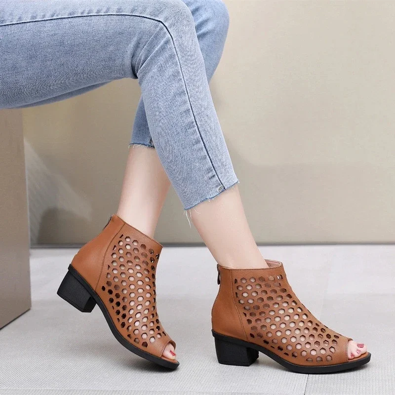 Summer Boots Women Sandals Genuine Leather High Heels Platform Hollow Peep Toe Female Ladies Shoes Zapatos De Mujer