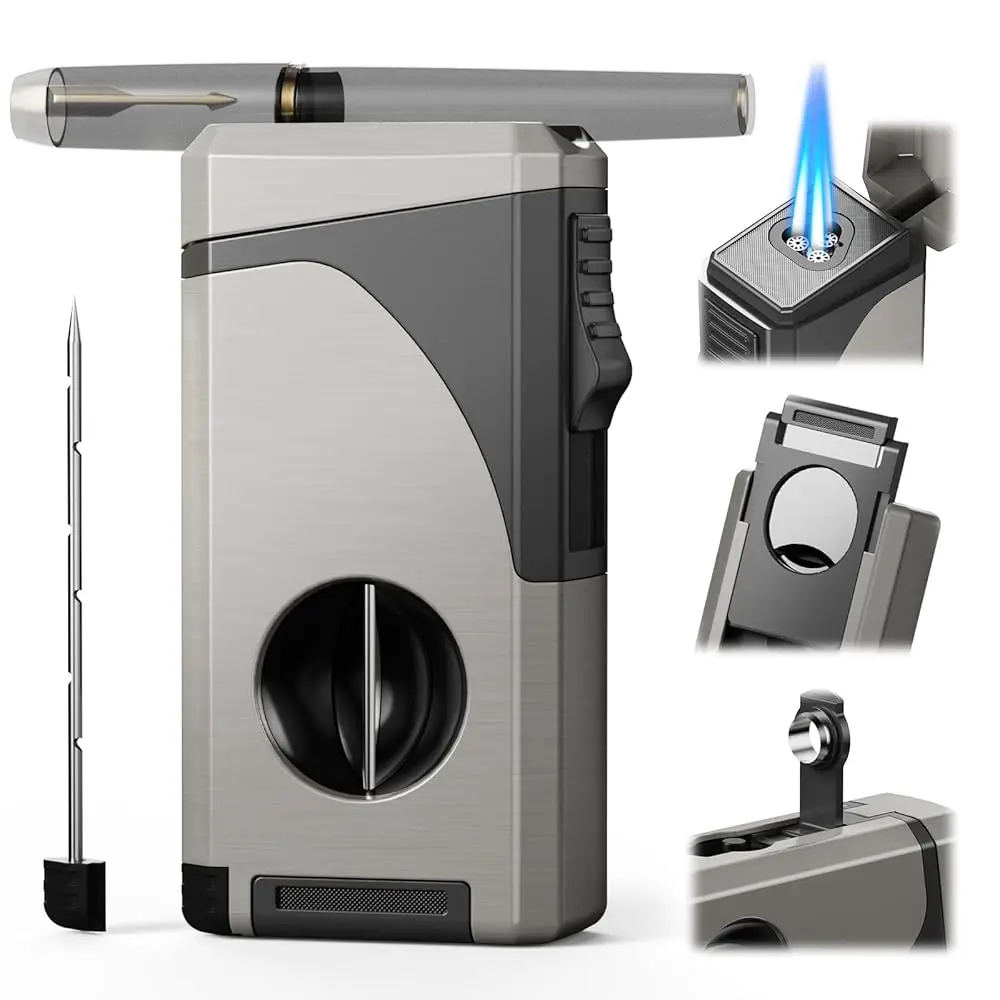

Ailexpress Recommendation - 6-in-1 Torch Lighter, with Windproof Triple Jet Flame, V & Straight Cutter, Punch, Holder, Draw Enha