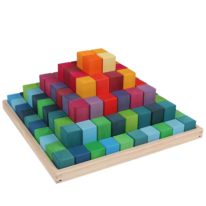 Toddler Large Stepped Pyramid And Rainbow Wooden Blocks Modern Educational Creative DIY Toy Set For 2-6 Years Old+ Kids