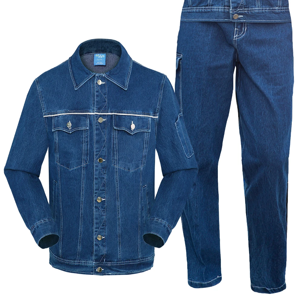 

Factory Supply Working Clothes for Men Soft Denim Workwear Jacket and Pants Reflective Strips Summer Long Sleeve Overalls