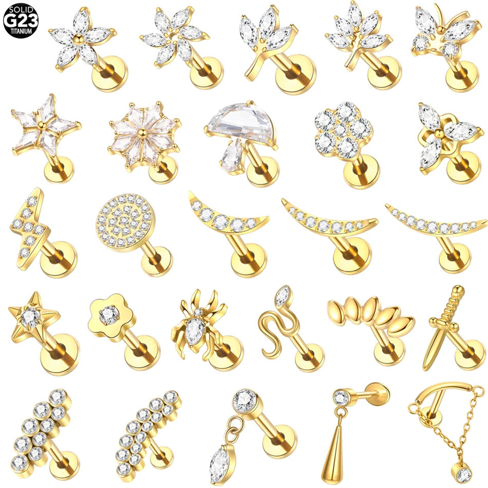 1Pc tytanowe cyrkonie kolczyki w uchu dla kobiet gwint wewnętrzny kwiat księżyc gwiazda Flash Labret Stud piercing biżuteria