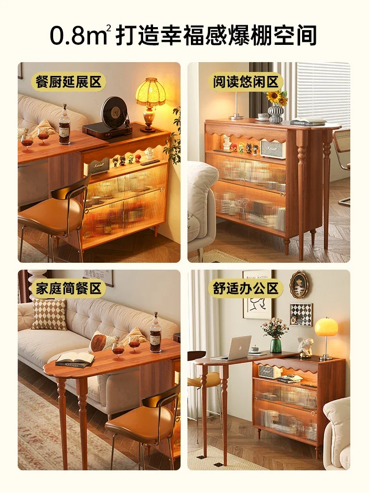 Japanese solid wood bar table, small family living room, balcony, retractable partition cabinet, integrated high foot table