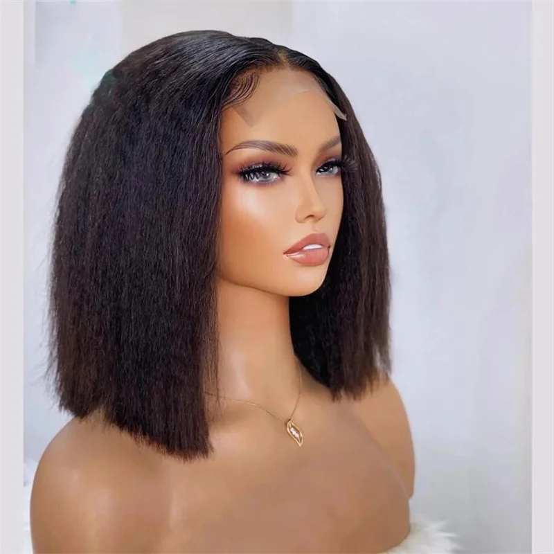 

Soft Glueless Bob Yaki 180Density 16“ Kinky Straight Lace Front Wig For Women BabyHair Black Preplucked Daily wear