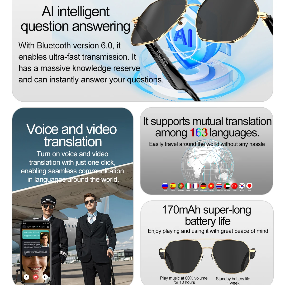 696 AI Voice Video Call Real-time Translation Intelligent Question Answering Smart Glasses UV Protection Sport BT Sunglasses