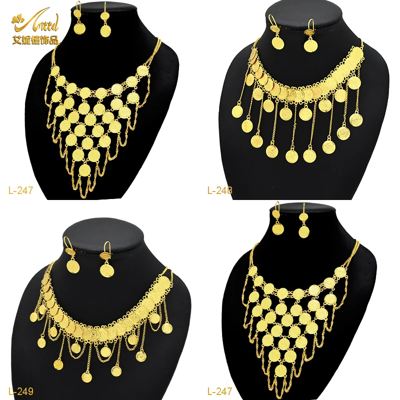 

ANIID Ethiopian Lady Gold Color Tassel Coin Pendant Necklace&Earrings For Indian Bridal Wedding Party Gifts Dubai 24K Jewellery