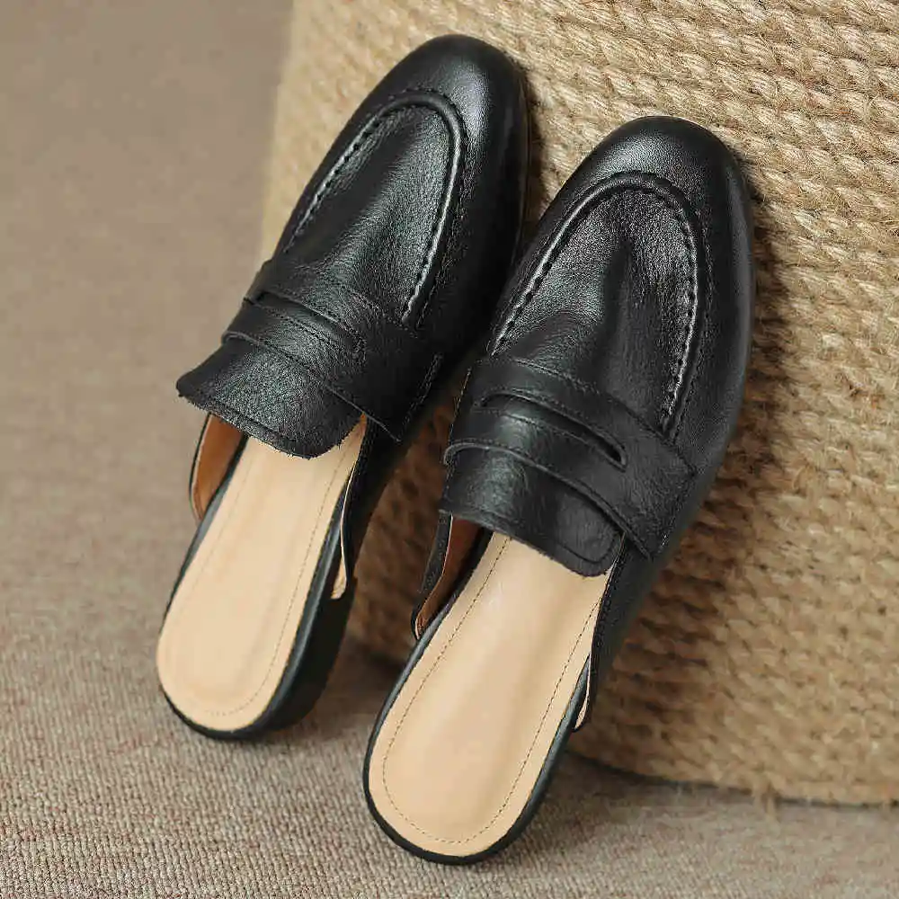 Women\'s genuine leather round toe slip-on flats mules leisure soft comfortable summer female slides high quality daily shoes hot