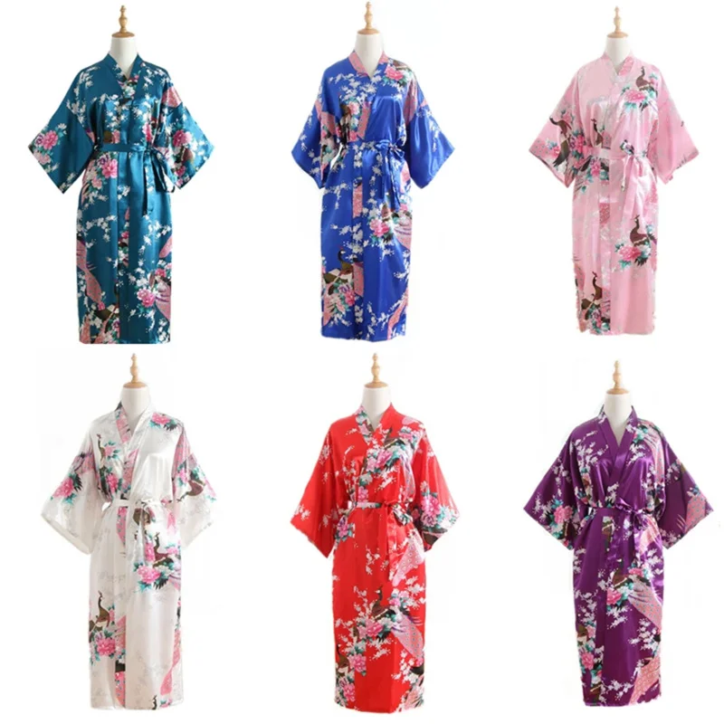 15Color Women Japanese Style Kimono Yukata Sleep Wear Peacock Satin Thin Long Nightgown Robes Traditional Adult  Loose Clothing