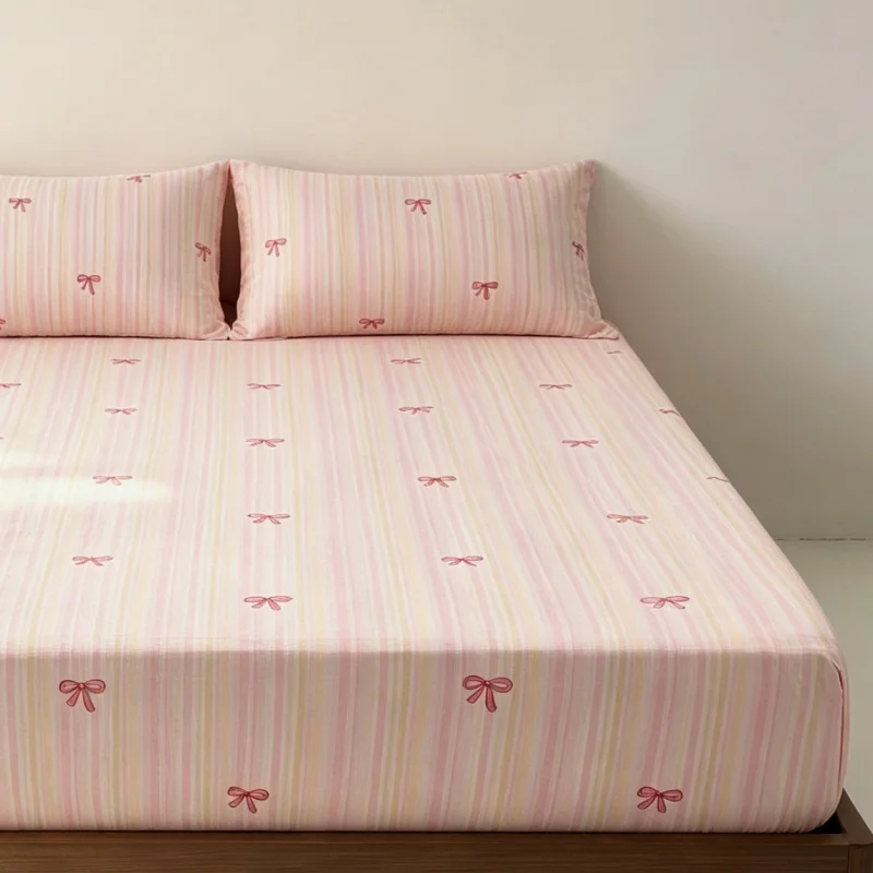 cute bow 3Pcs Fitted Bed Sheet With Elastic Band Anti-slip Adjustable Mattress Cover (Pillowcase without pillow core))