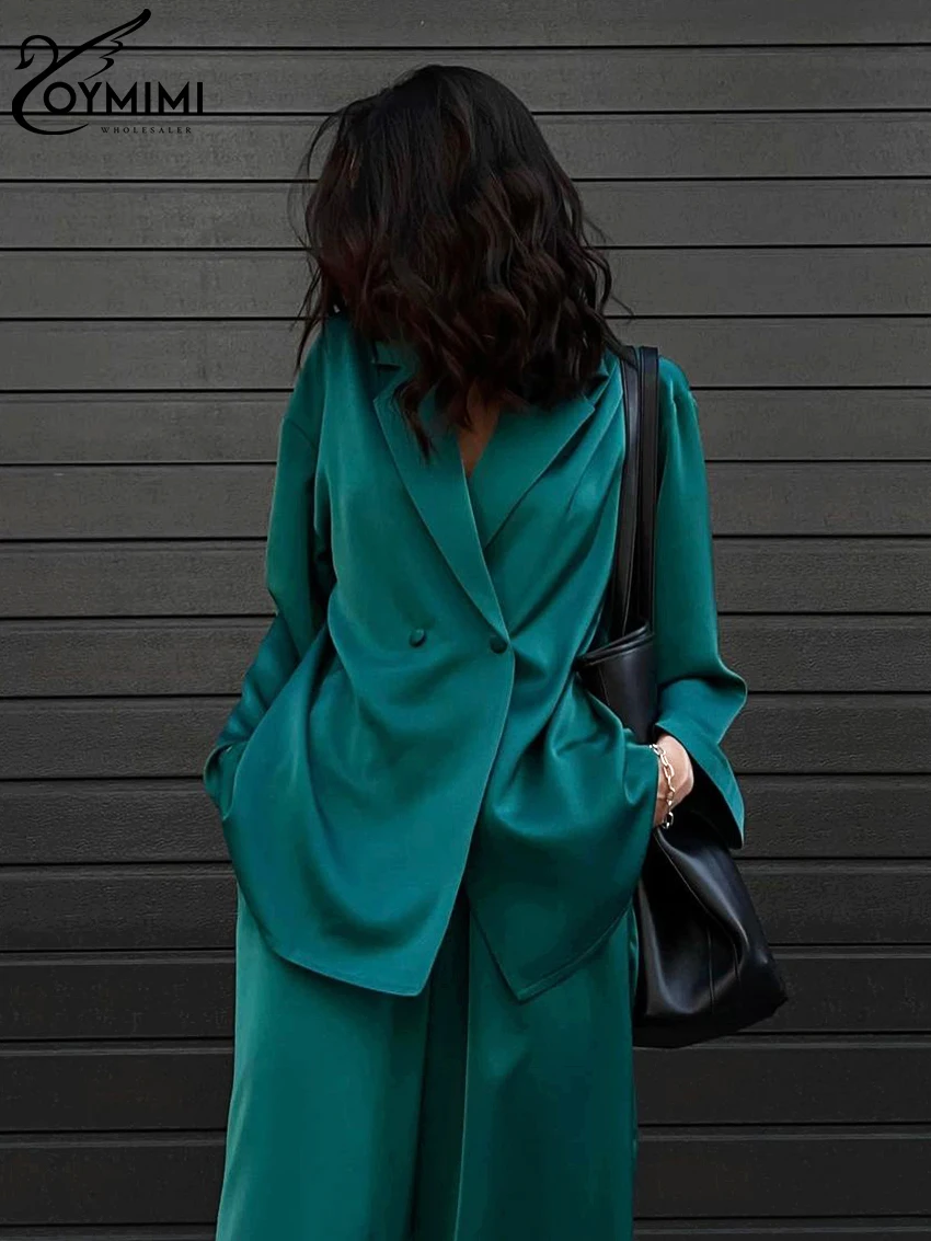 Oymimi Fashion Long Sleeve Shirts 2 Piece Sets Women Casual Loose Green Satin Pants Set Elegant High Waist Wide Trousers Suits