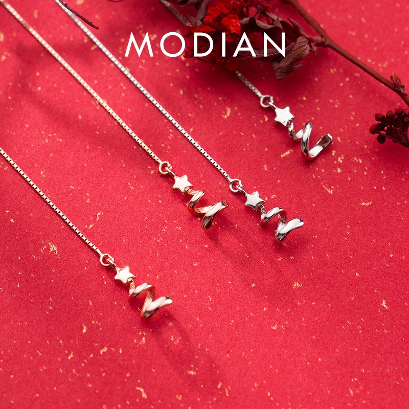 

Modian Trendy 925 Sterling Sliver Star Geometric Wave Shape Box Chain Long Drop Dangle Earring for Women Original Fine Jewelry