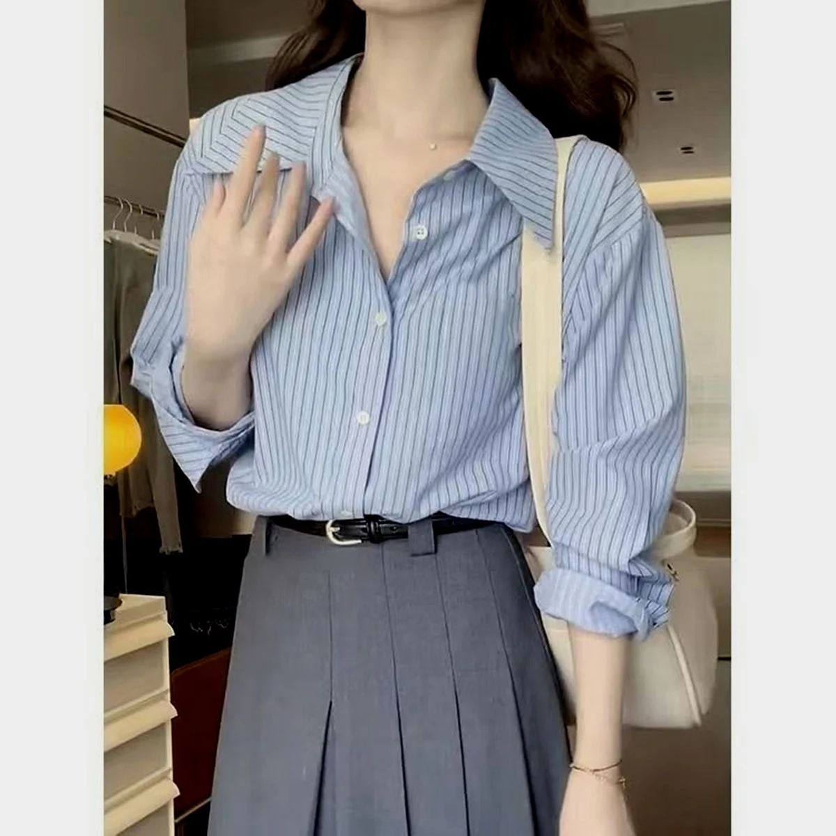 

Синие полосатые рубашки с длинными рукавами, женские винтажные корейские рубашки осень 2024, новая мода, классическая рубашка с отложным воротником, элегантные женские топы