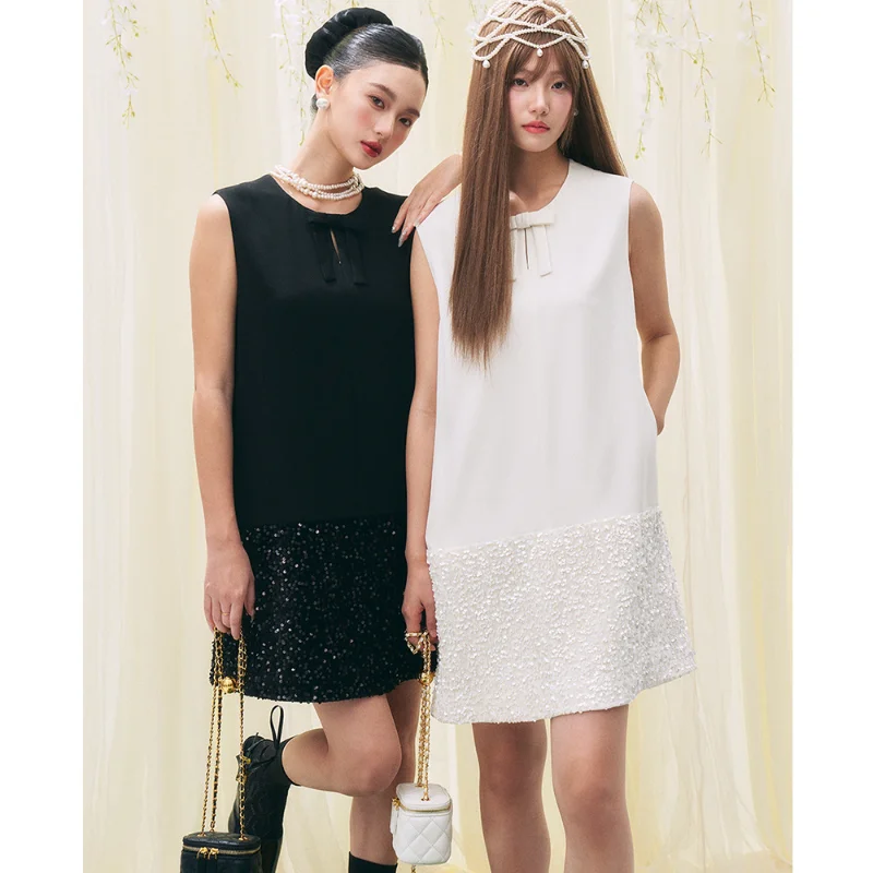 

French Round Neck Bow Sequined Stitching Black White Sleeveless Dress Women Summer Sweet Fashion Party Vest Short Dress Female