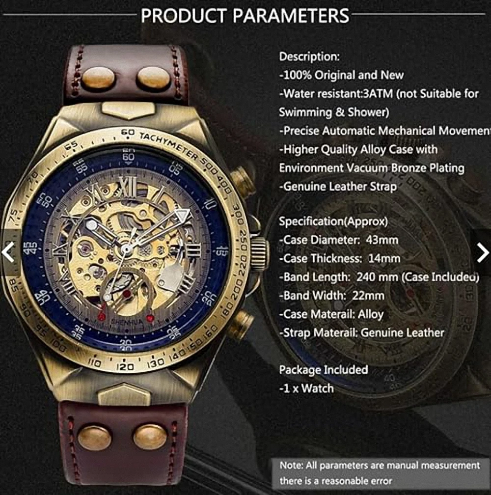 Montre Automatique Squelette Homme En Bronze - Cadran Squelette, Bracelet Cuir Marron - Neuf
