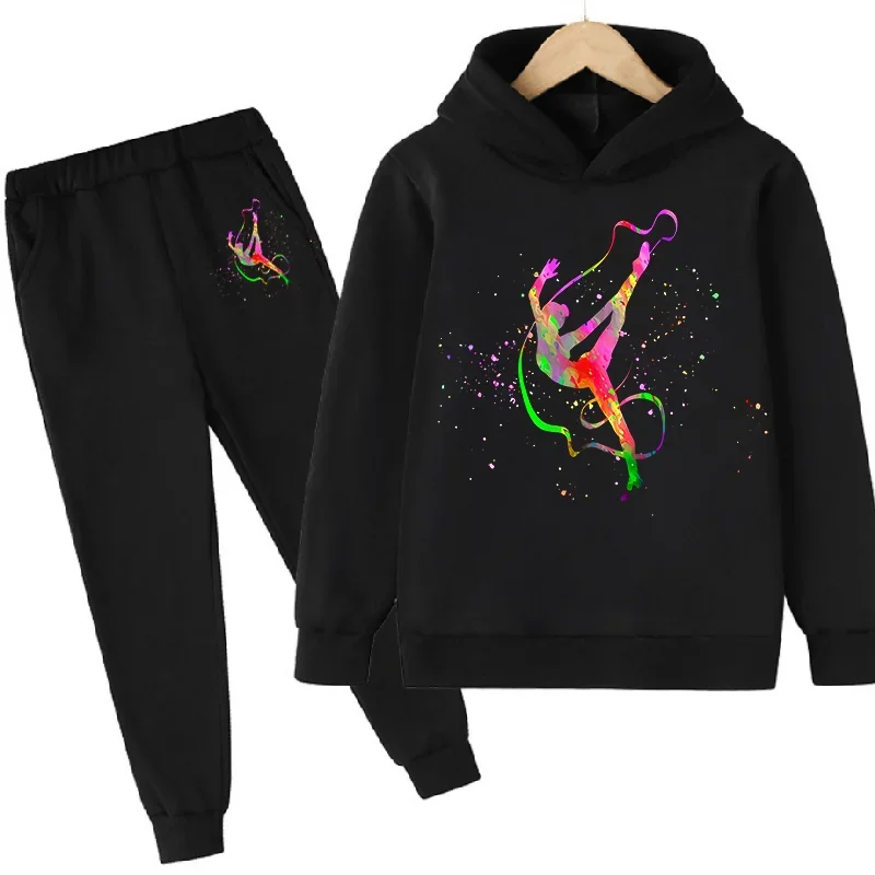 Watercolor Gymnastics Art Print Cute Sweatshirts Set Girls GYM Lover Birthday Gift Clothes Kids Hooodie Pants + Hoodie BLACK SET