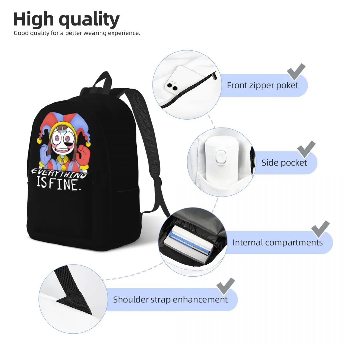 The Amazing Digital Circus Pomni Everything Is Fine Backpack for Men Women High School Business Daypack College Shoulder Bag