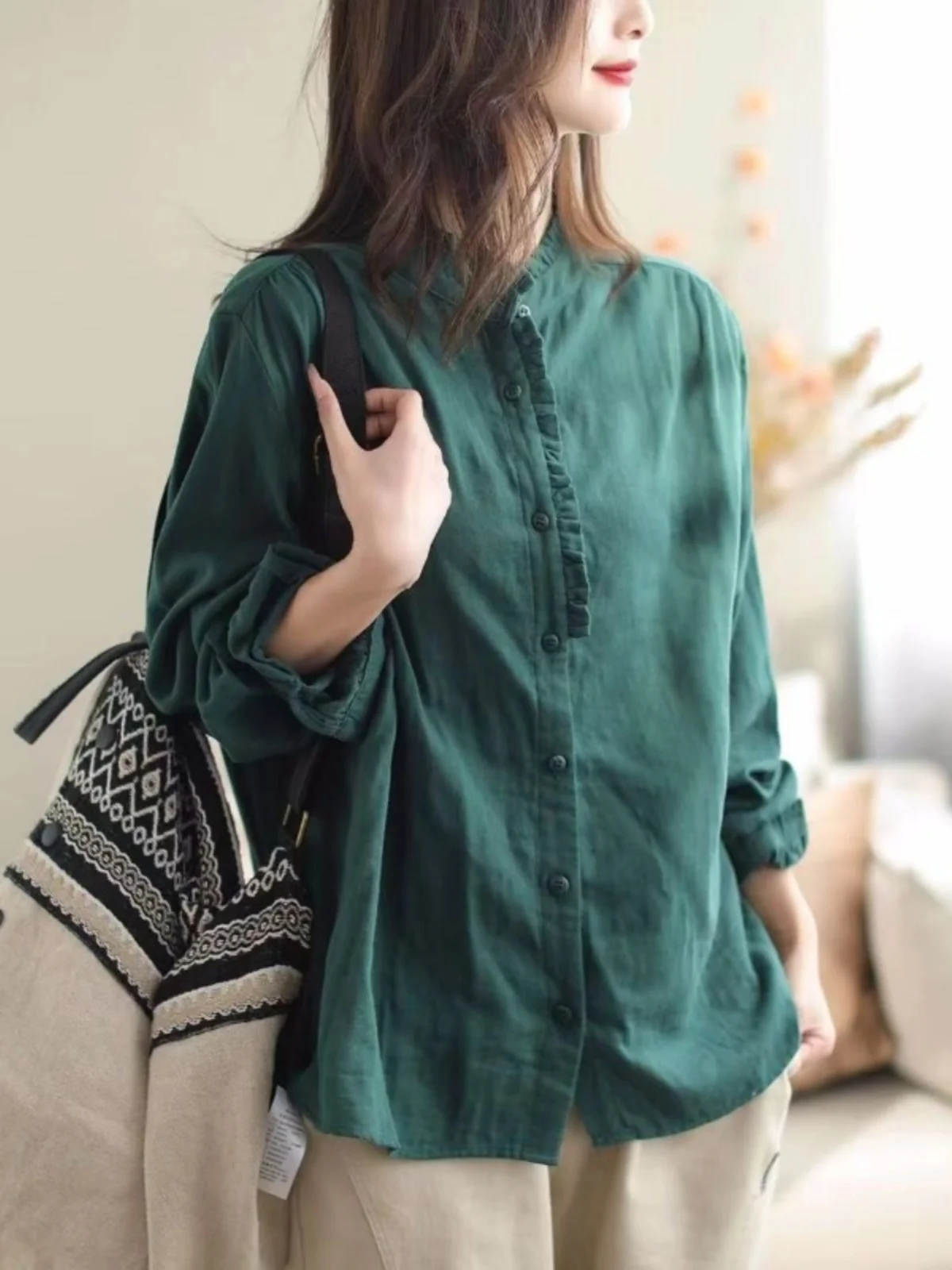 فضفاض طويل Sve irt المرأة الخريف الشتاء عارضة الوقوف طوق قاعدة أعلى Faionable متجدد الهواء المرأة irt خمر Sle نقي... #3