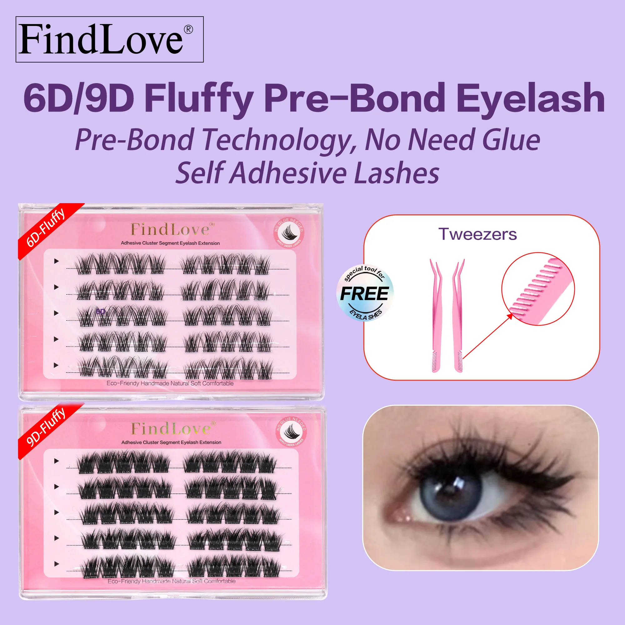 [No Glue Need] FindLove 6D9D Self Adhesive Eyelashes Natural Eyelash Extension Set For Beginner Glue Free Eyelashes With Tweezer