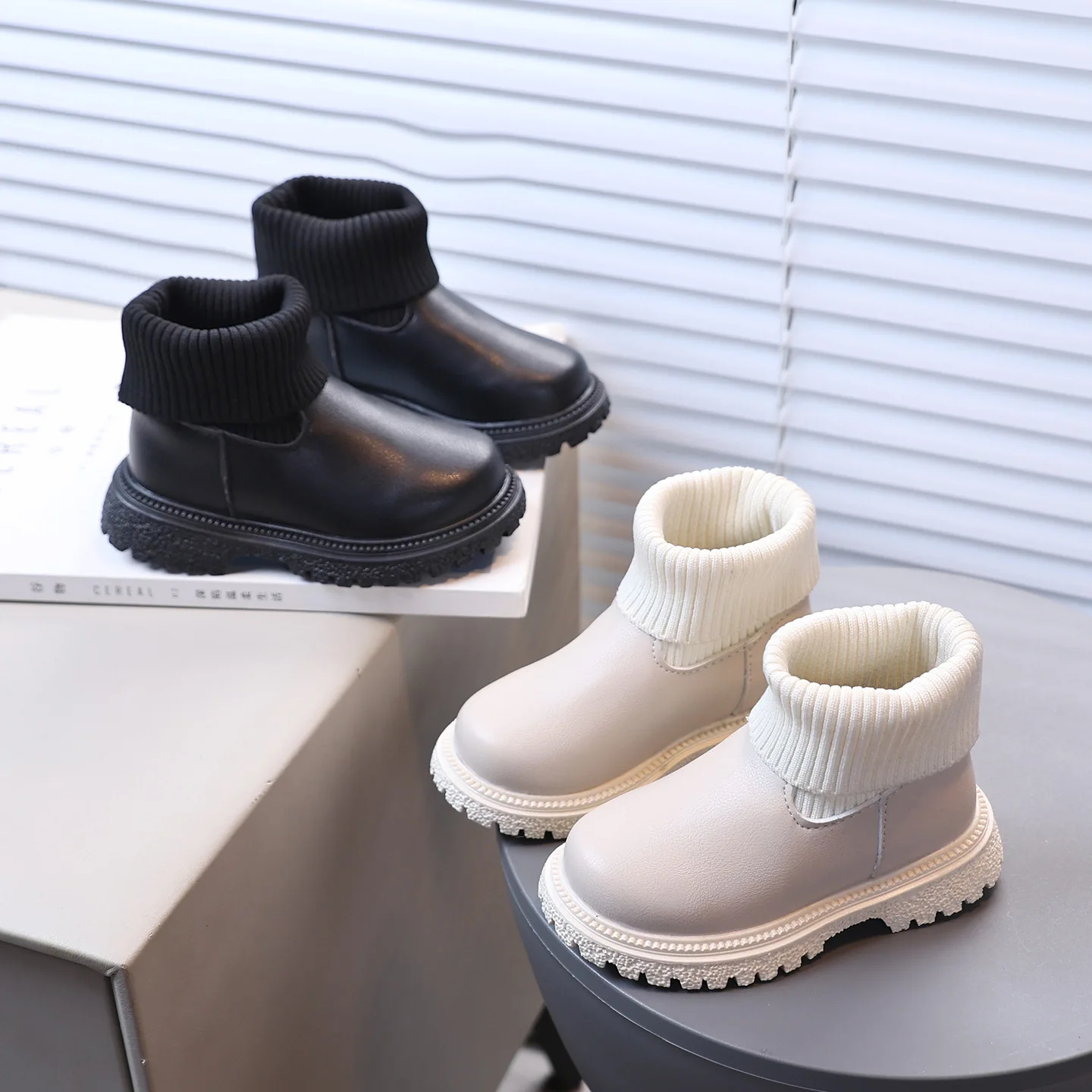 2026 Kids Short Knitted Spliced Ankle Boots Fashion Autumn Winter Leather Children Boots Non-Slip Toddler Girls Boot Snow Shoes