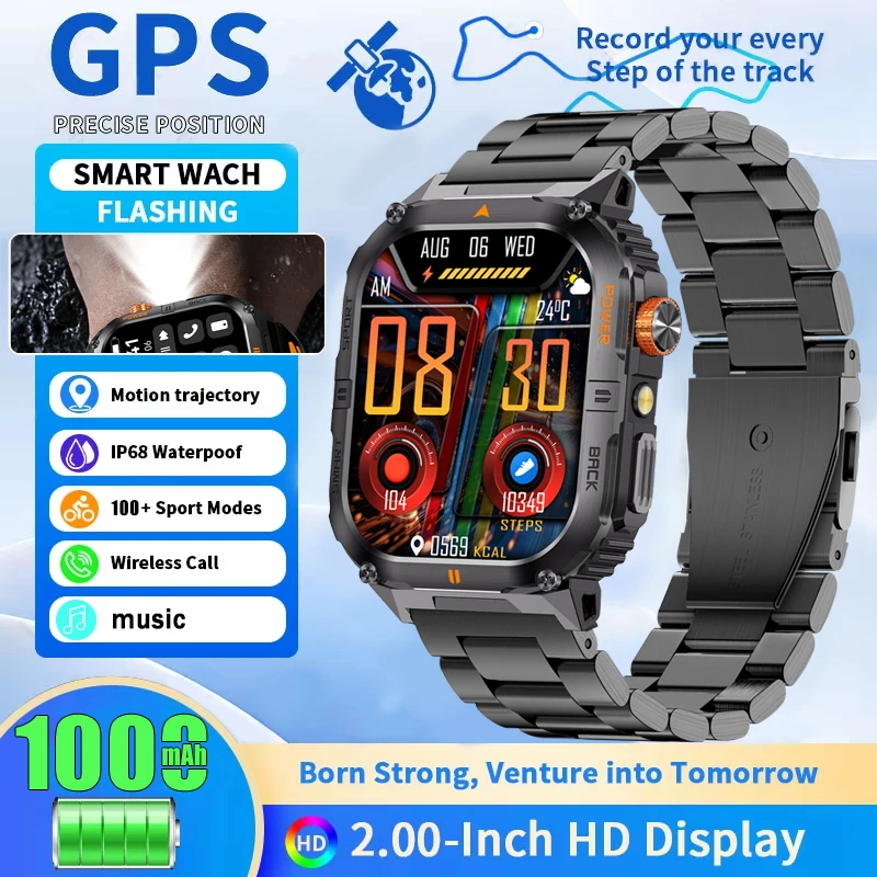 Dual-band GPS Bluetooth call IP68 Waterproof SWIM Sport LED flashlight 2026 New military 1000 big battery SmartWatch SmartWatch