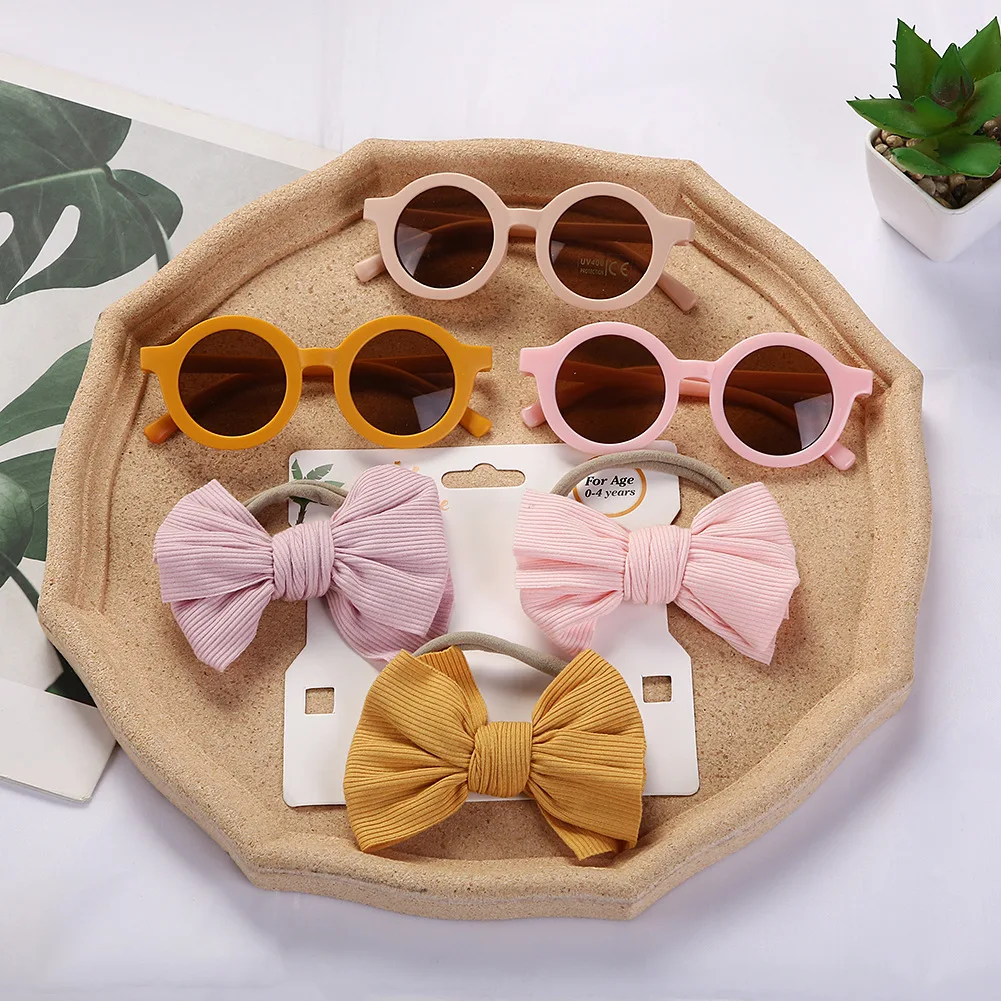 2PCS Children Baby Kids Headband Round Sunglasses Hair Accessories Set Vintage Hairband UV Protection Sun Glasses Headwear Suite