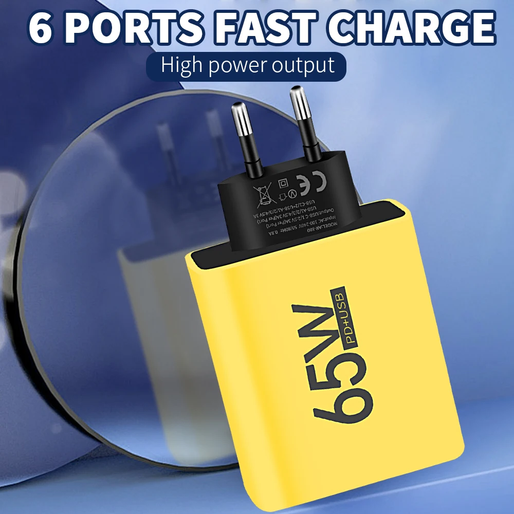 65W USB Charger 6 Port PD Type C Fast Charging Adapter For iPhone 13 14 15 Samsung Xiaomi Huawei Mobile Phone Wall Quick Charger