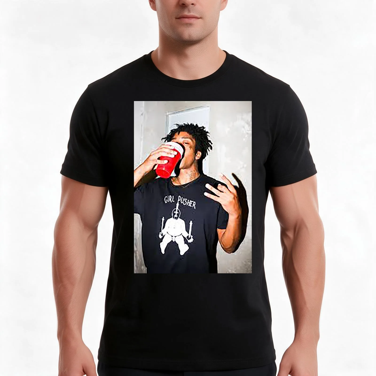 lil tracy double cup T-Shirt, Summer Casual Cotton Tee, Oversized Streetwear Tops, Vintage Graphic Print, Loose Fit Short Sleeve